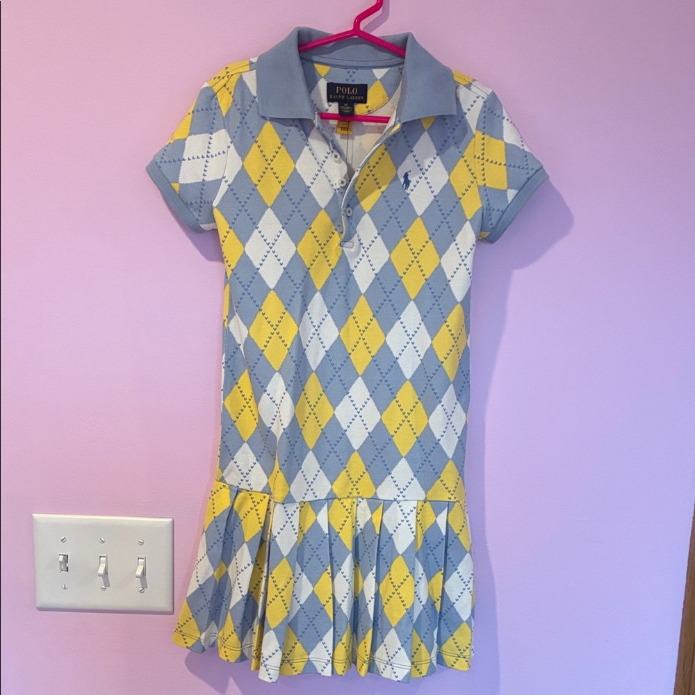 Polo by Ralph Lauren Light Blue, Yellow & White Argyle Knit Polo Dress